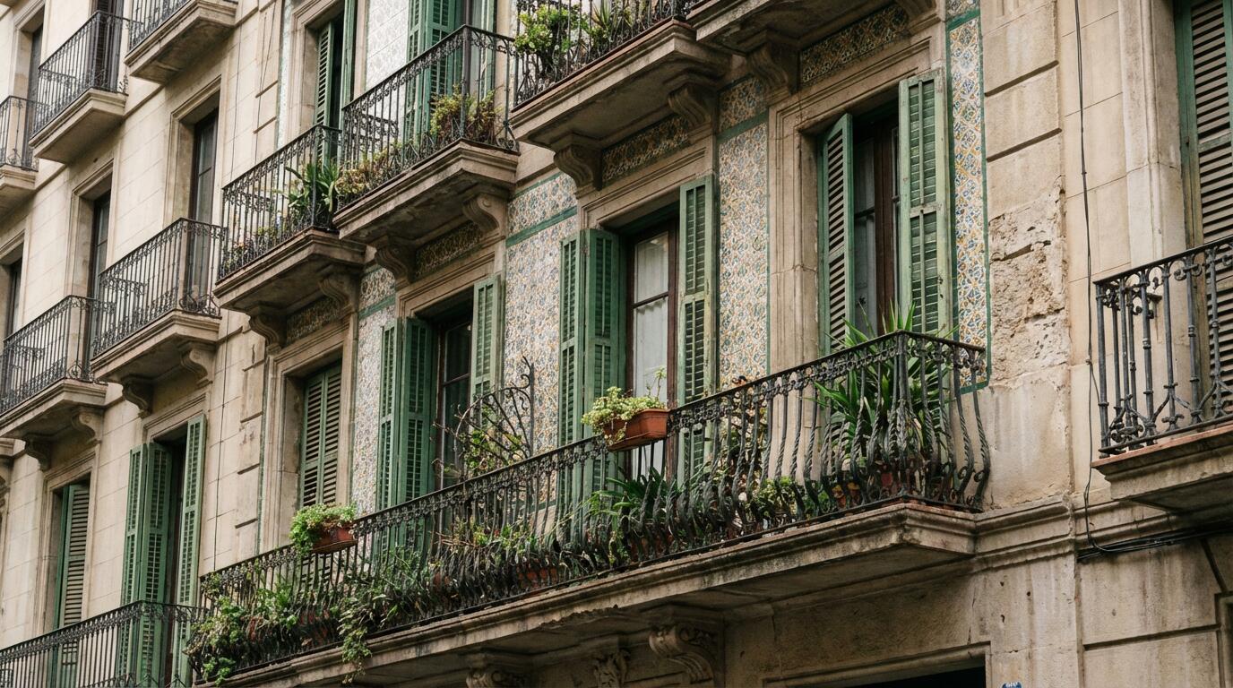Fachada de edificio residencial típico del Eixample barcelonés con balcones de hierro forjado