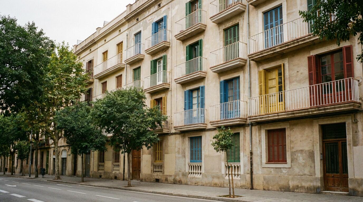Fachada de edificio residencial español típico con balcones en barrio tranquilo