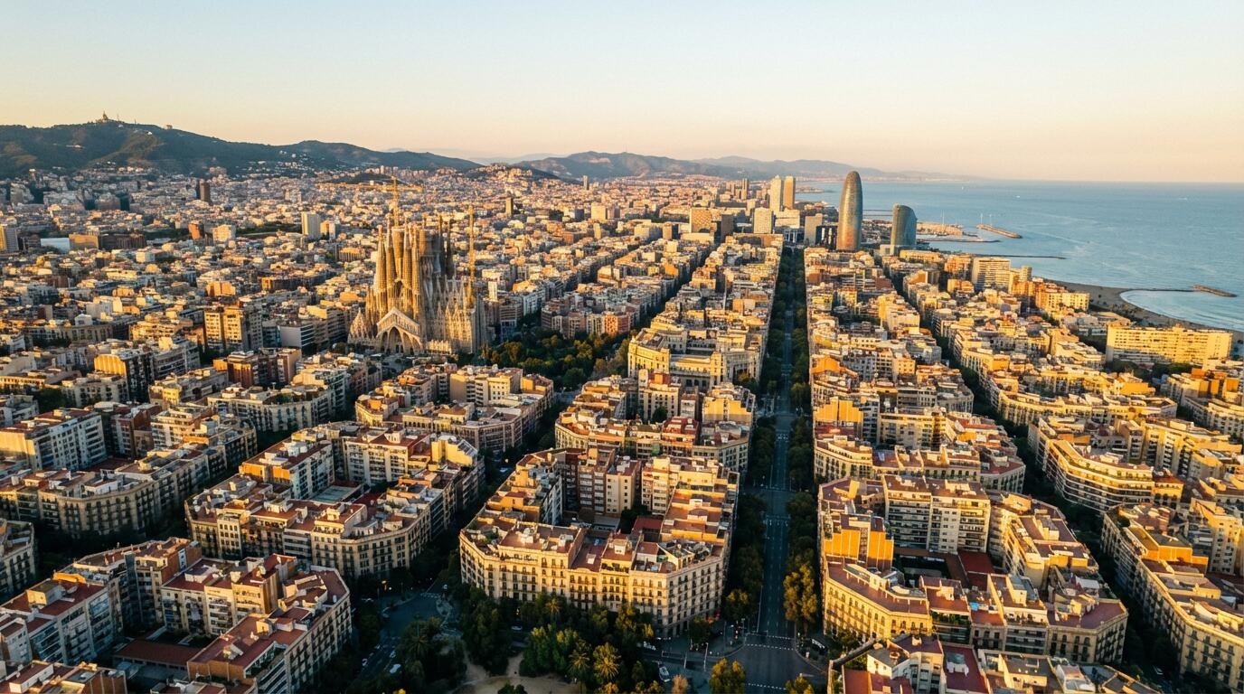 Vista panorámica de Barcelona mostrando diversidad arquitectónica entre barrios céntricos y periféricos