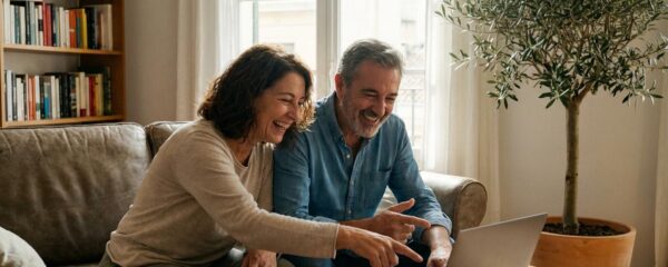 Pareja española consultando herramienta de estimación inmobiliaria en portátil