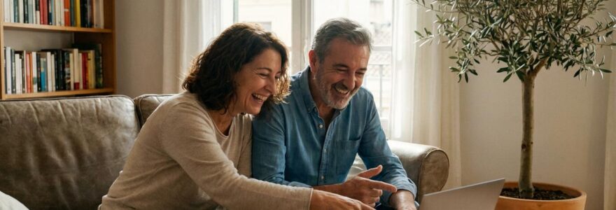 Pareja española consultando herramienta de estimación inmobiliaria en portátil