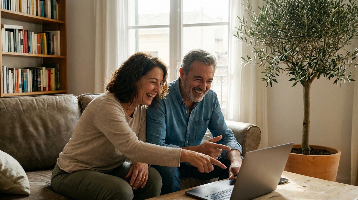 Pareja española consultando herramienta de estimación inmobiliaria en portátil