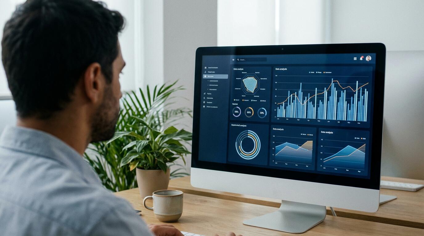 Profesional analizando gráficos de mercado inmobiliario en pantalla de ordenador