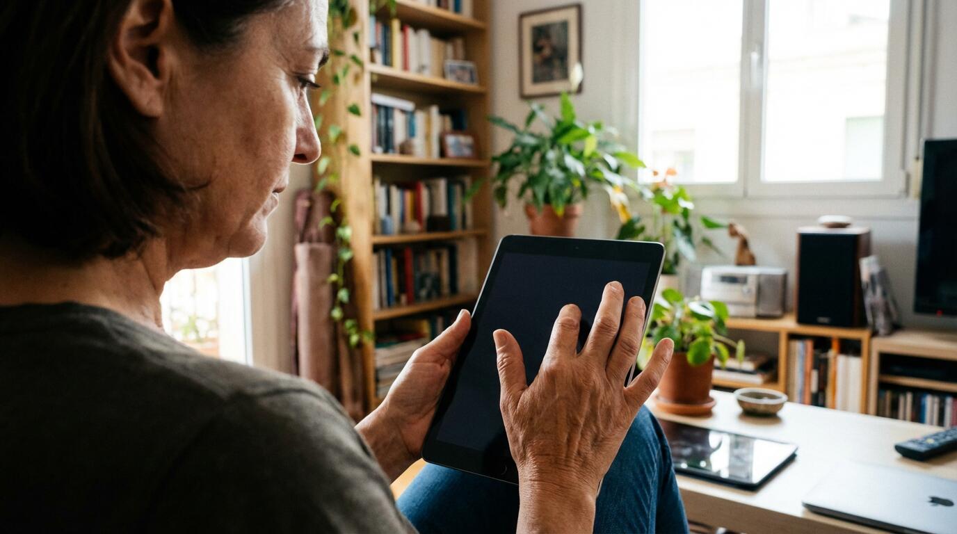 Mujer española consultando información inmobiliaria en tablet desde su salón barcelonés