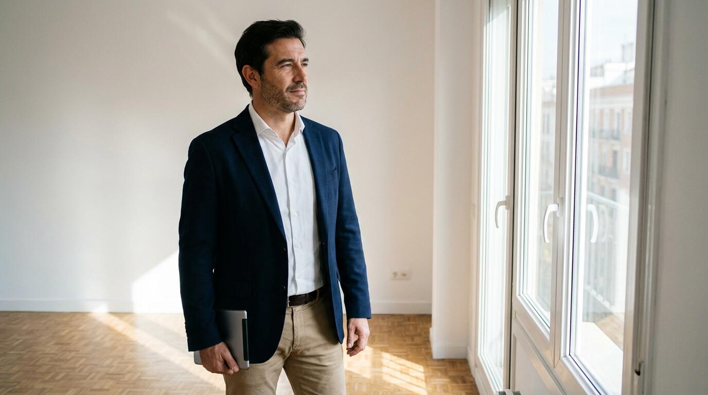 Profesional inmobiliario realizando valoración presencial en salón de vivienda