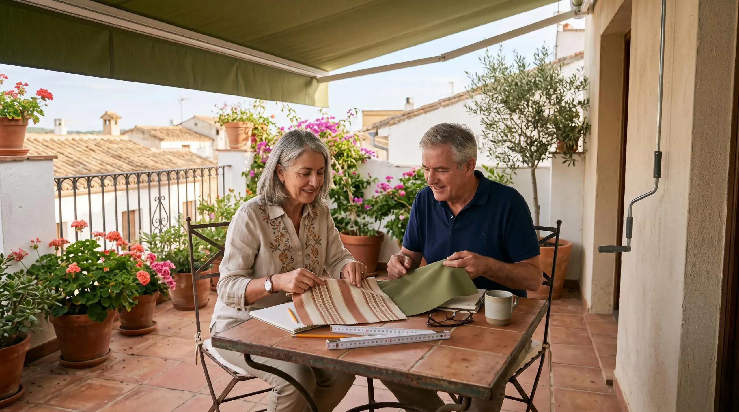 Una pareja compara muestras de lona y mide su terraza para elegir un toldo logia.