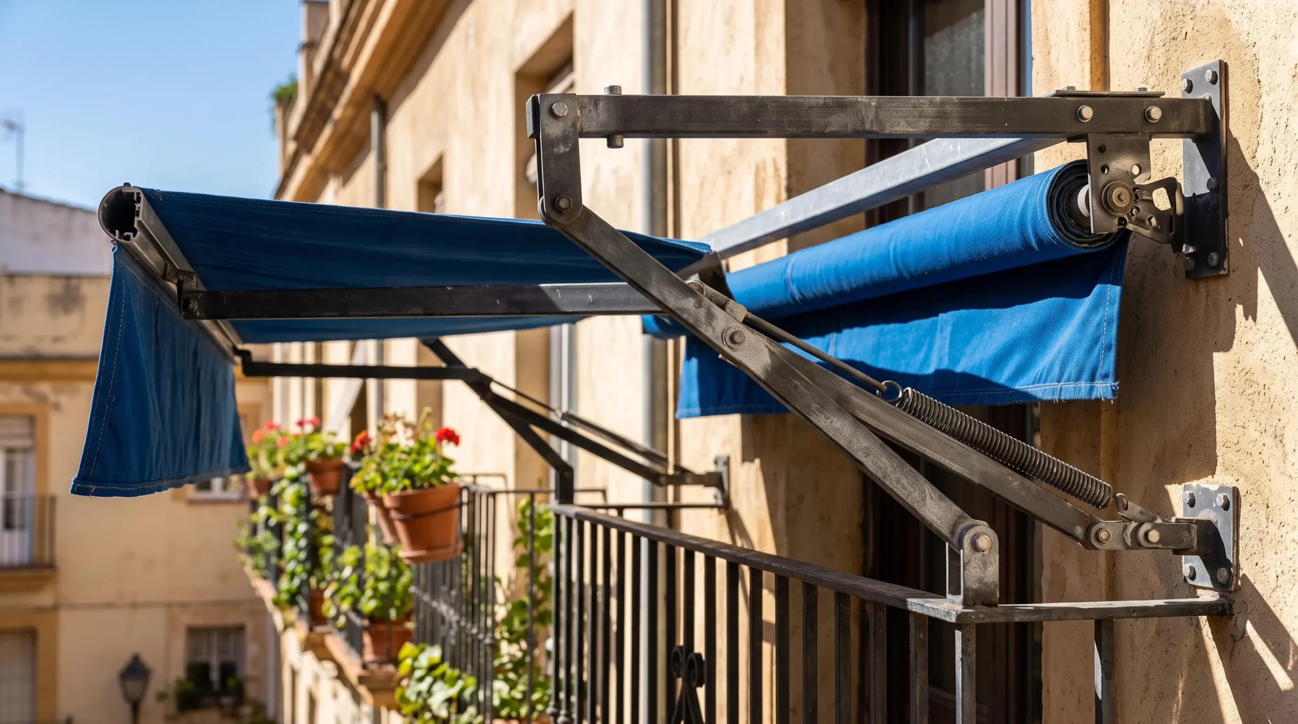 Estructura metálica y brazos articulados de un toldo logia sin cofre en un balcón.