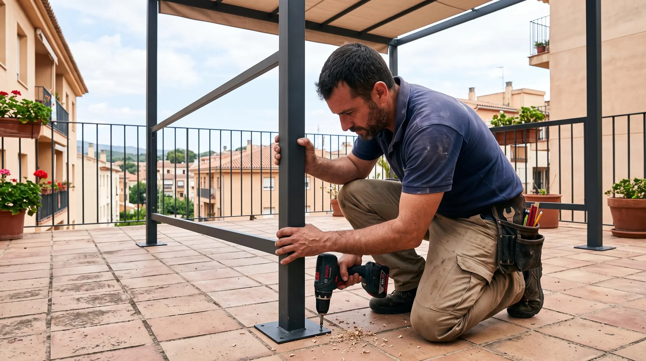 Un hombre taladra la base de un toldo autoportante durante su instalación en una terraza.