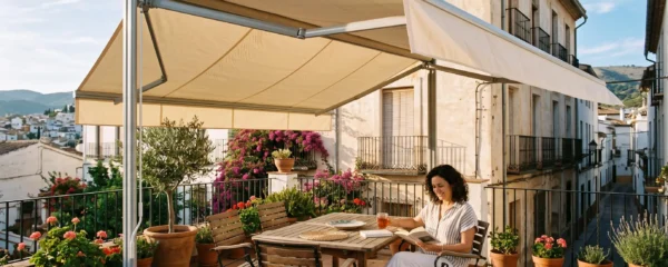 Toldo logia autoportante desplegado sobre una terraza soleada con una mujer sentada leyendo.