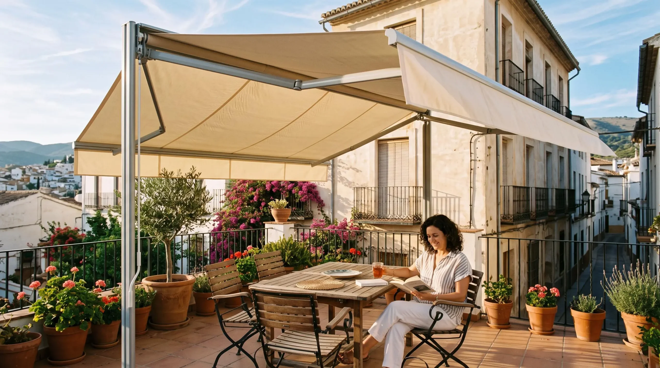 Toldo logia autoportante desplegado sobre una terraza soleada con una mujer sentada leyendo.